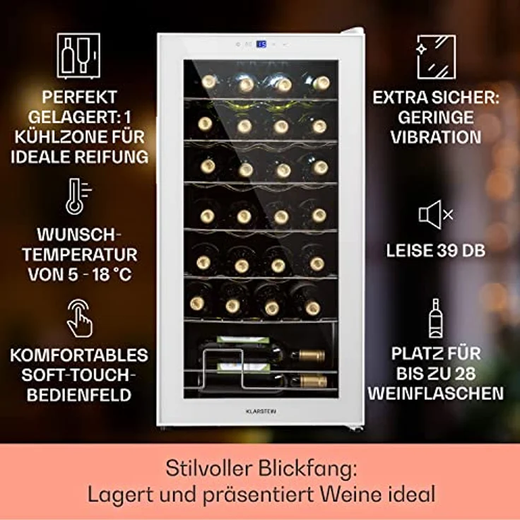 Klarstein Shiraz 28 Uno Weinkühlschrank, freistehend, weiß, 28 Flaschen, Touch-Bedienfeld, 5 - 18 °C, Energieklasse G – Bild 3
