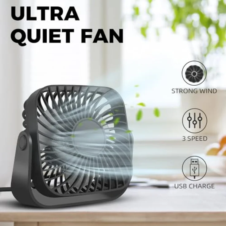 Jsdoin USB-Ventilator, 360° drehbarer Schreibtisch-Lüfter mit 3 Geschwindigkeiten, leise, tiefschwarz – Bild 3