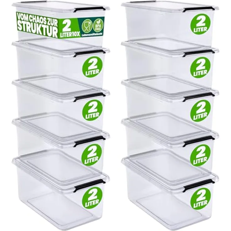 Deuba 10x Aufbewahrungsbox mit Deckel 2L Kunststoff Kisten lebensmittelecht BPA frei transparent stapelbar Küche Schlafzimmer