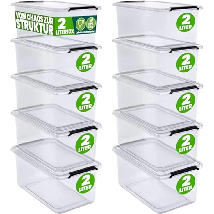 Deuba 10x Aufbewahrungsbox mit Deckel 2L Kunststoff Kisten lebensmittelecht BPA frei transparent stapelbar Küche Schlafzimmer – Bild 1