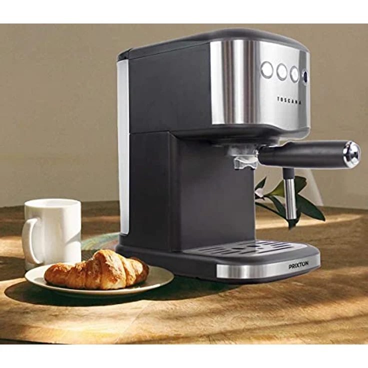 PRIXTON Toscana-Kaffeemaschine, halbautomatisch, für Kaffeekapseln und gemahlenen Kaffee, 20 Bar Druck, schwarz Edelstahl, 1,25 Liter Wassertank, mit Dampfdüse für Milchaufschäumung – Bild 6