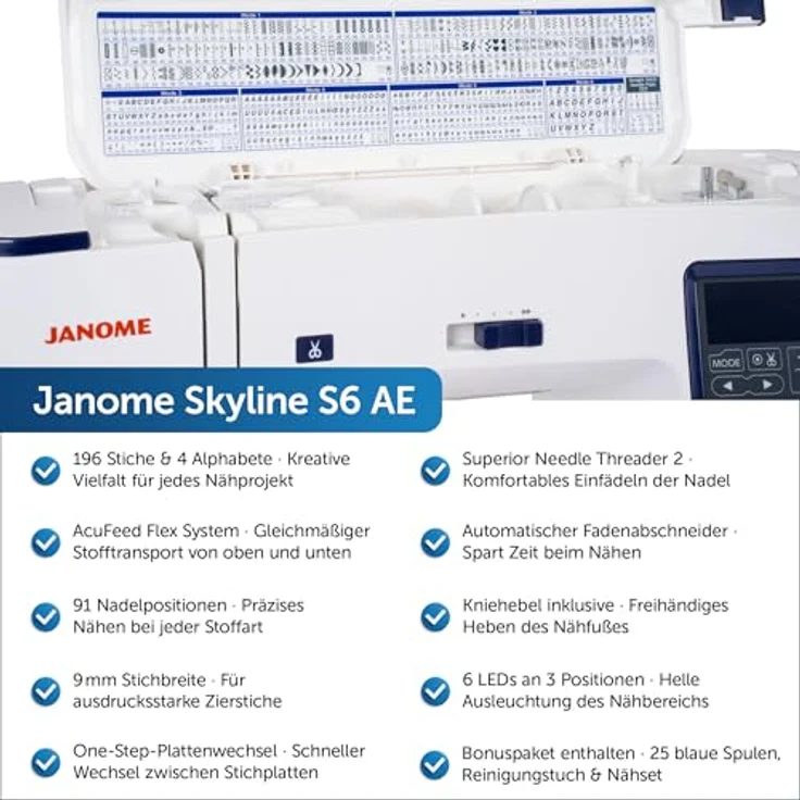 Janome Skyline S6 Anniversary Edition Nähmaschine mit Hochgeschwindigkeitsfunktionen, Aluminium-Druckguss-Rahmen und AcuFeed™ Flex Obertransportsystem – Bild 2