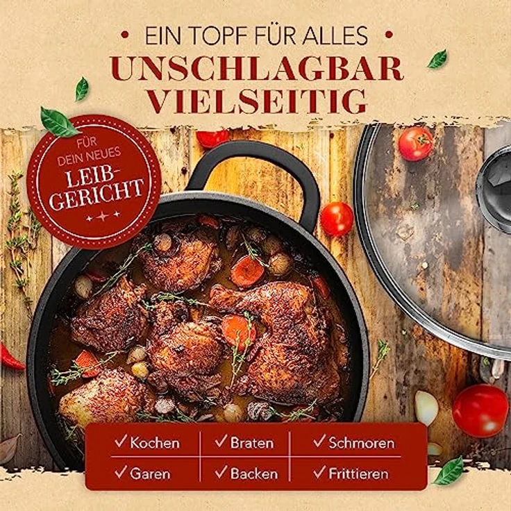 KRUSTENZAUBER 24cm Aluguss Bräter mit Deckel backofengeeignet [inkl. Glasdeckel] - 4L Aluminium Schmortopf & Bratpfanne - Idealer Bräter Induktion, Schmorpfanne, Bratentopf, Gussbräter, Kasserolle - Modernes Kocherlebnis, gleichmäßige Wärmeverteilung, flexibel einsetzbar. – Bild 4