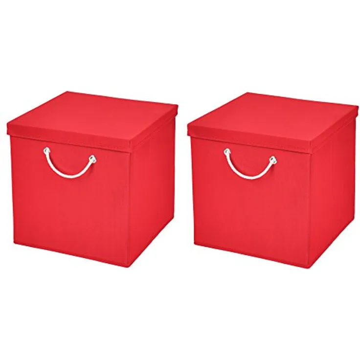 CM3 2 Stück Rot Faltbox 30 x 30 x 30 cm Aufbewahrungsbox faltbar mit Kordel und mit Deckel
