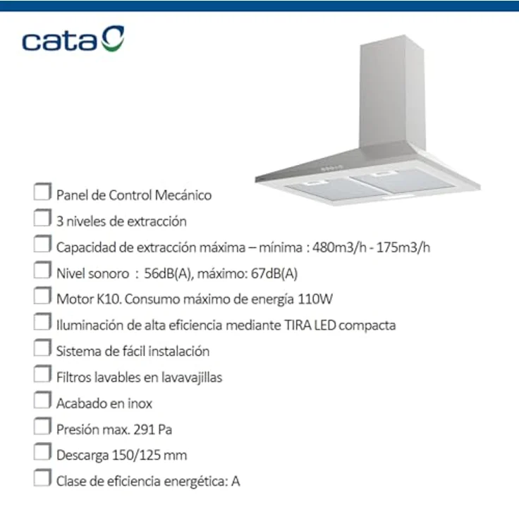 CATA Dunstabzugshaube VK-6000 X, mechanische Steuerung, 3 Stufen, Förderleistung 480 m³/h, Geräuschpegel 56 dB, LED-Beleuchtung, Weiß – Bild 2