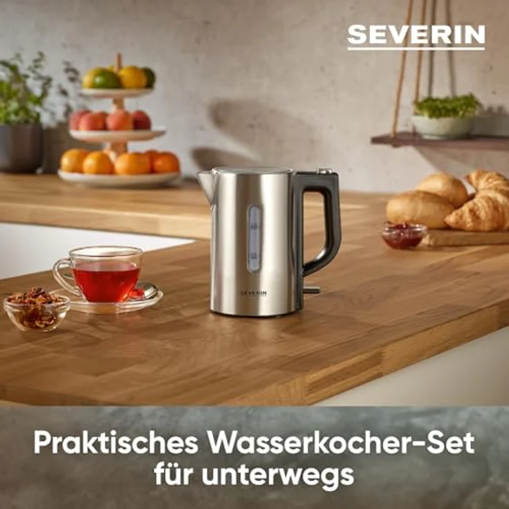 Severin WK 3647 Reise Wasserkocher, 1100W, 0,5l, mit 2 Kunststofftassen und 2 Löffeln, Edelstahl, silber – Bild 2