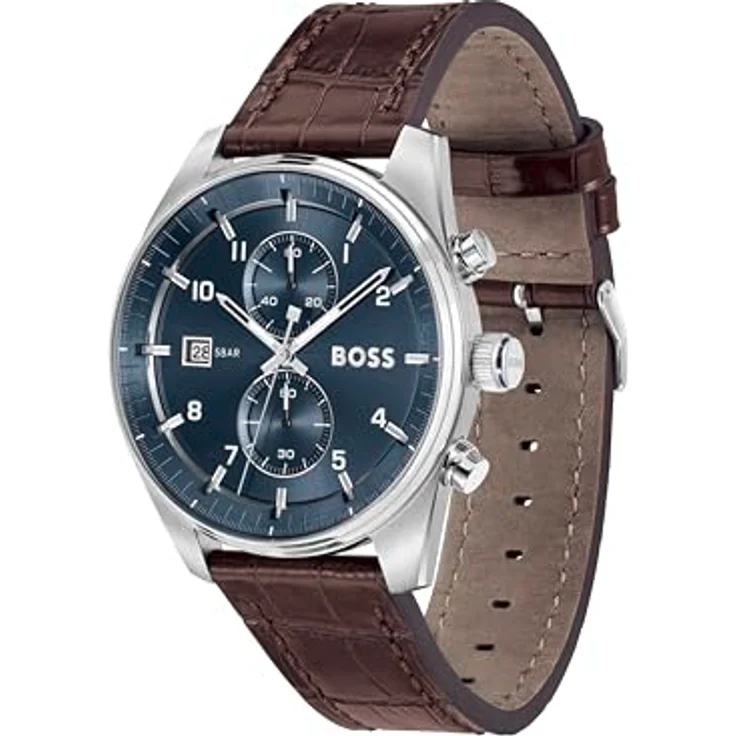 BOSS Chronograph Quarz Uhr für Herren Kollektion SKYTRAVELLER mit Dunkel-Braunes Lederarmband - Präzises Chronographenwerk und stilvolles Design – Bild 2