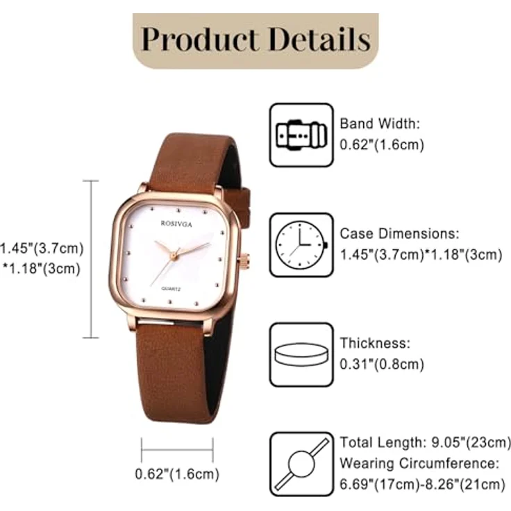 JewelryWe Damenuhr Quadratisch, Preppy Schmetterling Analog Quarz mit Braunem PU-Armband, Ultradünn, Rechteckiges Zifferblatt und Punktskala – Bild 5