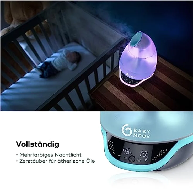 Babymoov Hygro Plus, digitaler Luftbefeuchter mit Nachtlicht (7 Farben), automatische Feuchtigkeitsregelung, Vernebler für ätherische Öle – Bild 5