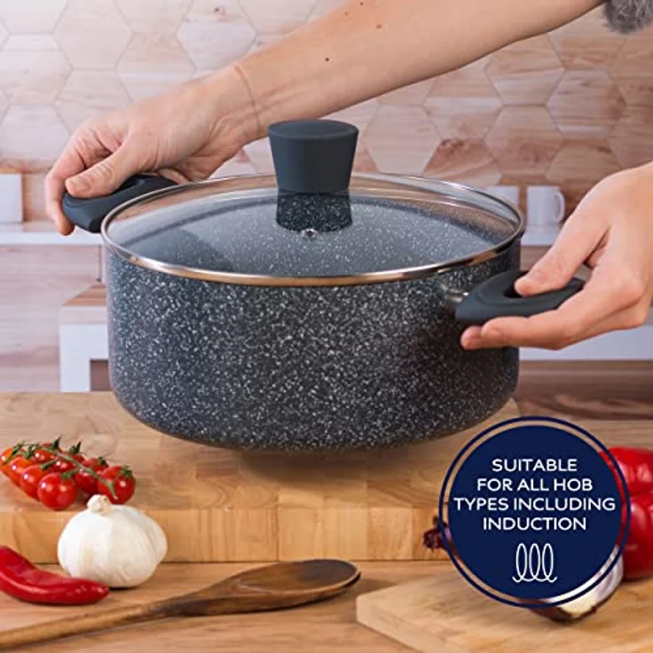 Russell Hobbs RH02818EU7 Nightfall 5-teiliges antihaftbeschichtetes Topfset, Hartglasdeckel, Soft-Touch-Griffe, 16/18/20-cm-Stieltöpfe und 20/24-cm-Suppentöpfe, induktionsgeeignet, Aluminium – Bild 4