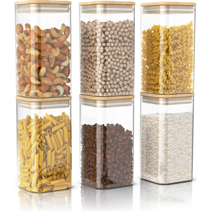 Arendo Vorratsgläser, 6er Set Borosilikatglas mit Bambusdeckel, 1,2 L, luftdicht, hitzebeständig, mikrowellengeeignet