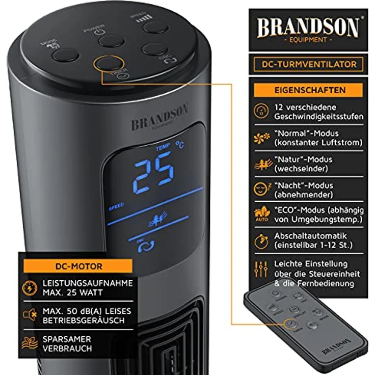 Brandson - ECO Turmventilator Silent mit DC-Motor - Testsieger 2023-12 Geschwindigkeiten - Ventilator Standventilator - Timer - inkl. Fernbedienung – sehr leise - energiesparend – Bild 5