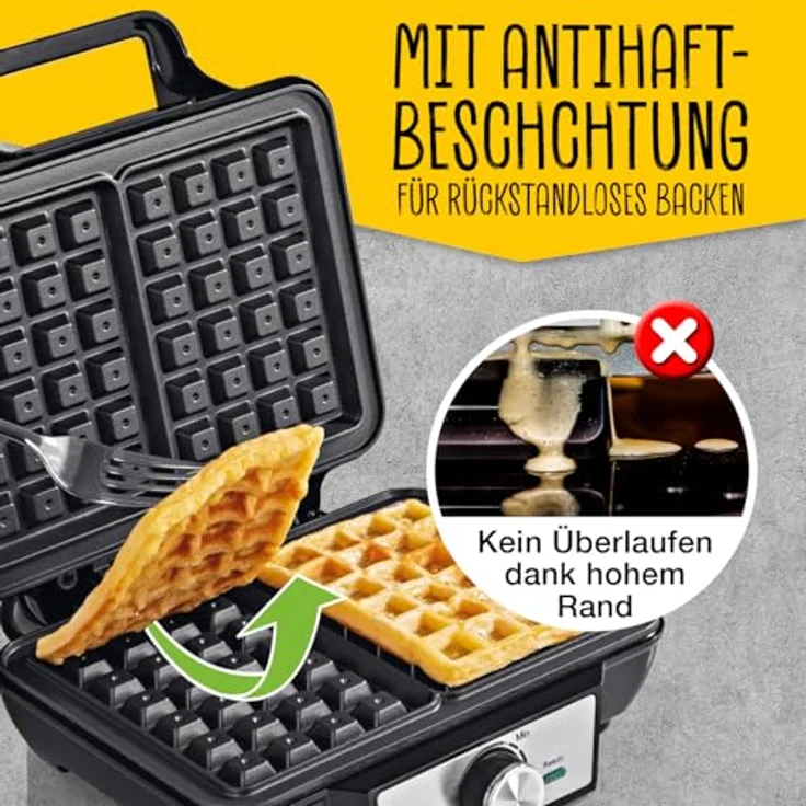 GOURMETmaxx Waffeleisen für 2 Belgische Waffeln, 1000 Watt, stufenlos einstellbare Temperatur, Antihaftbeschichtung, gleichmäßige Wärmeverteilung mit Heizelementen oben und unten – Bild 4