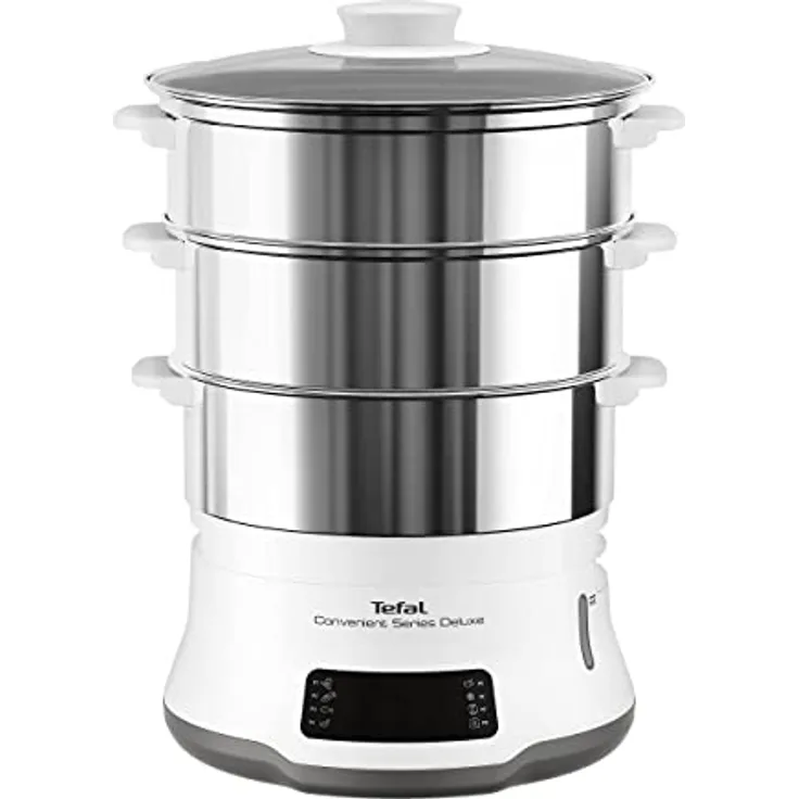 Tefal VC502D Convenient Series Deluxe Dampfgarer | einfacher Touchscreen | 8 Programme | Garen auf 3 Ebenen | Behälter aus Edelstahl | langlebige Qualität | gesunde Zubereitung | Edelstahl/Weiß