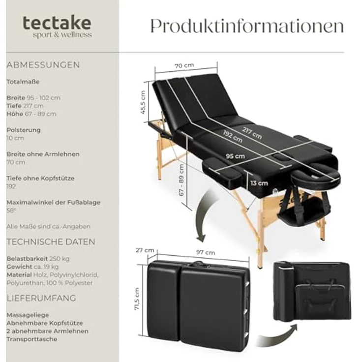 Tectake 3 Zonen Massageliege mit 10 cm Polsterung und Holzgestell – Bild 6