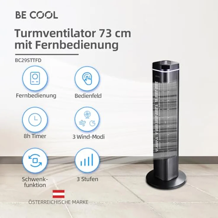 Be Cool Turmventilator 73 cm, mit Fernbedienung, 3 Geschwindigkeitsstufen, 3 Windmodi, Timer bis 8 Std., Oszillation 70°, LED-Bedienfeld, Schwarz – Bild 2