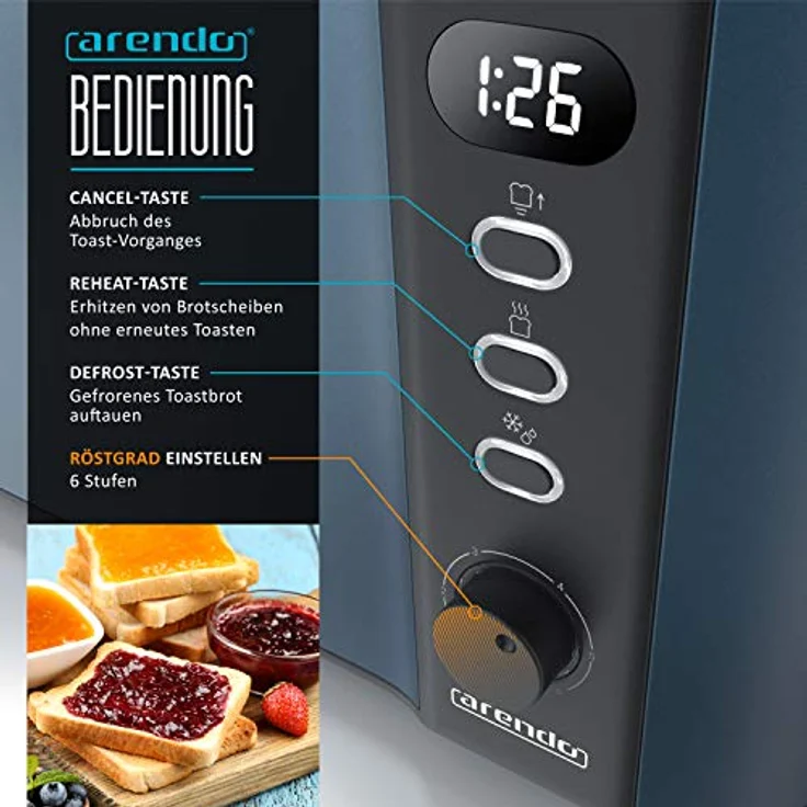 Arendo 4-Scheiben-Toaster, Langschlitz, Edelstahl, Defrost Funktion, wärmeisolierendes Gehäuse, blau – Bild 4
