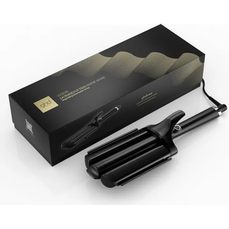 ghd Triple Barrel Waver, schwarzer Lockenstab für langanhaltende, lockere Beach Waves mit fortschrittlicher PTC-Heiztechnologie und 185 °C Stylingtemperatur