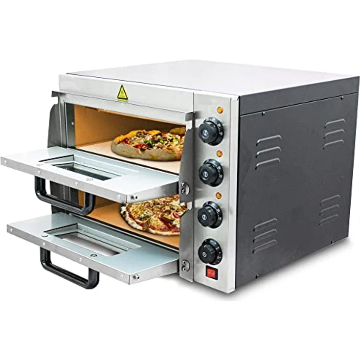 Bituxx Elektrischer Pizza Doppelofen MS-18168, 3000 Watt, Silber, mit getrennten Temperatureinstellungen und Schamottstein für knusprigen Boden – Bild 1