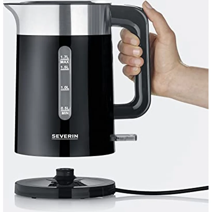 SEVERIN Wasserkocher, praktischer, kabelloser Wasserkocher mit 1-Hand Bedienung und 1,7 Liter Fassungsvolumen, BPA-Frei, Edelstahl-gebürstet/schwarz, Küchengeräte WK 9265 – Bild 2