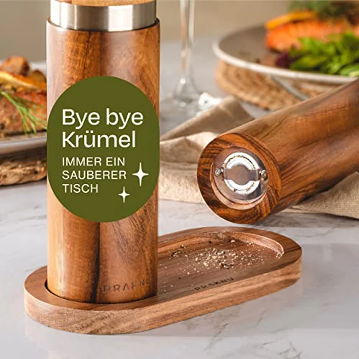Salz und Pfeffermühle aus Akazienholz mit Untersetzer - Nachhaltiges FSC® Holz - Langlebiges Keramikmahlwerk - Plastikfrei – Bild 3
