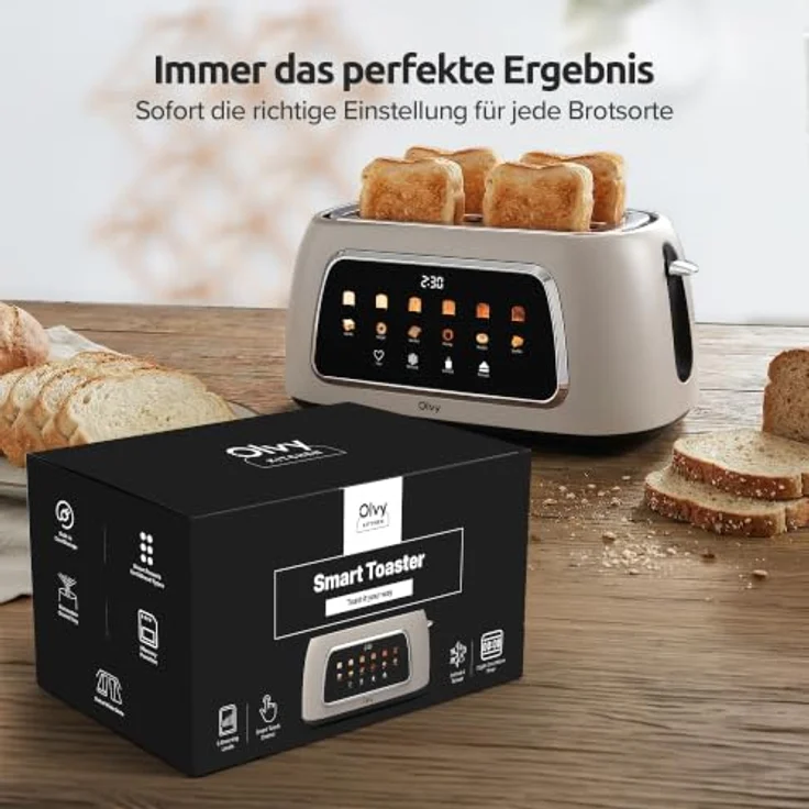 Olvy Premium Toaster mit LCD-Display, 6 Programmen und extrabreiten Schlitzen, Beige, 1500W – Bild 3