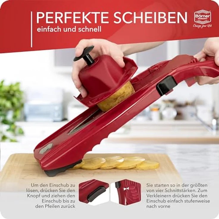 Börner Gemüsehobel V5 PowerLine Basis Set, Kunststoff, nur zum Schneiden von Scheiben rot – Bild 7