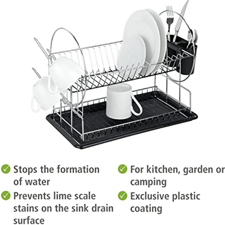 WENKO Geschirrabtropfer Premium Duo, Geschirr Abtropfständer für die Küche, Abtropfgestell mit Besteckkasten und Tellerständer, 52 x 36 x 24 cm, Silber-Schwarz – Bild 7