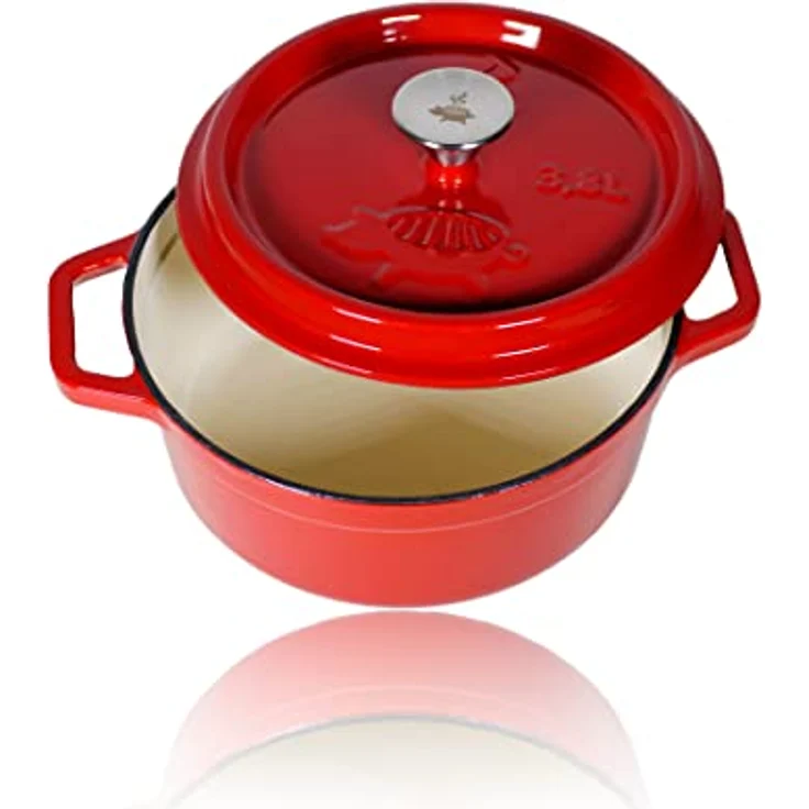 Grillschweine Dutch Oven Emailliert, 3,8L Feuertopf in Rot mit Picots für perfektes Garen, leicht zu reinigen und für alle Wärmequellen geeignet – Bild 1