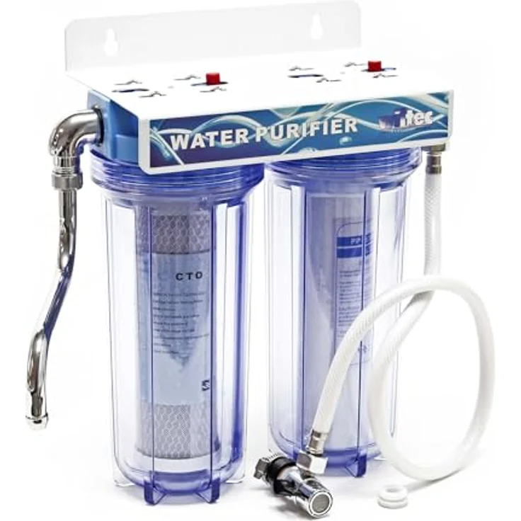 Naturewater NW-PR102 2 Stufen Wasserfilter Doppelfilter, 5 µ, 26,16 mm (3/4"), Ø62 mm PP Kartusche, Filter Wandhalterung, Filterschlüssel, Sedimentfilter Aktivkohleblock, blau – Bild 2