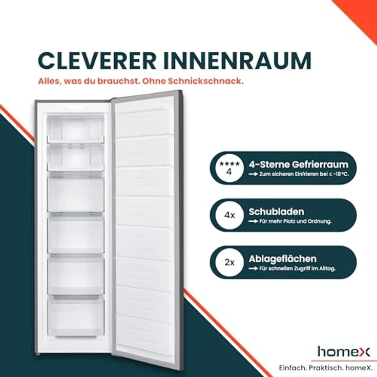 homeX Gefrierschrank FSN2041E-S, No Frost, 204L Nutzinhalt, 4-Sterne Gefrieren, Super-Frost-Funktion, silber – Bild 4