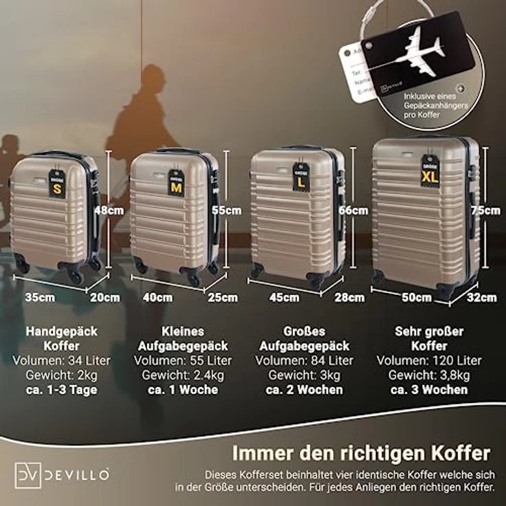 Devillo® Hartschalenkofferset 4tlg. S-M-L-XL Champagner – Trolley Koffer Set mit TSA-Zahlenschloss, 4 Rollen und Teleskopgriff – Bild 3