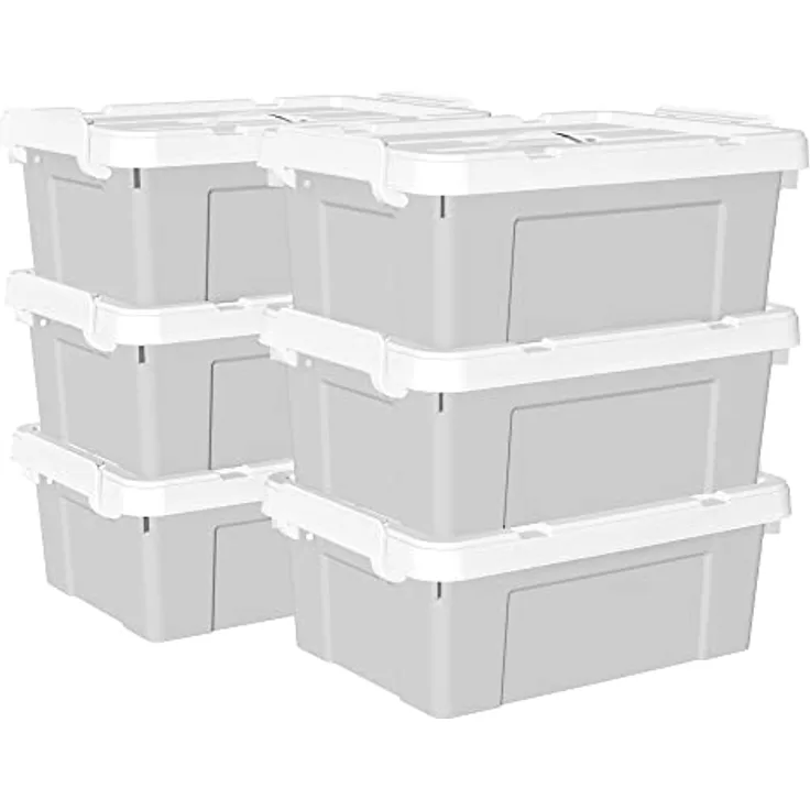 Cetomo 15 l x 6 Kunststoff-Aufbewahrungsbox, Tragetasche, Organisationsbehälter mit robustem Deckel und sicheren Verriegelungsschnallen, stapelbar und stapelbar, 6 Stück, grau mit Schnalle
