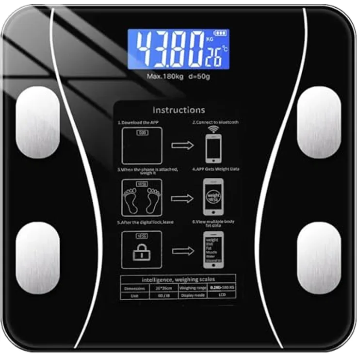Ruhhy Personenwaage 22525, bis 180 kg, LCD-Anzeige, Bluetooth, hochpräzise Sensoren, schwarzes hartes Glas