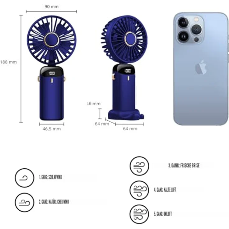 Jsdoin Tragbarer Mini Ventilator, Handventilator mit 5 Geschwindigkeitsstufen, USB-wiederaufladbar, Faltbar für Büro und Outdoor, dunkelblau – Bild 4