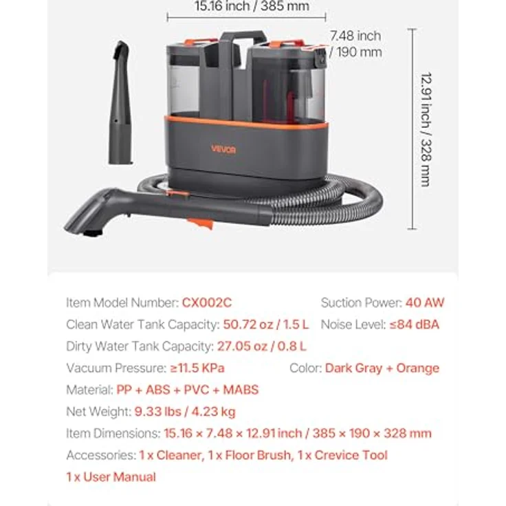VEVOR Teppichreinigungsmaschine CX002C, tragbarer Polsterreiniger mit 1,5 L Frischwassertank und 0,8 L Schmutzwassertank, starke Saugkraft von 11,5 kPa, Dunkelgrau + Orange – Bild 7