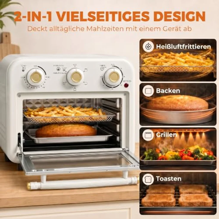 HOMCOM Minibackofen Heißluftfritteuse 2-in-1 mit 12 l und 1200 W, cremeweiß-gold, mit Backblech und Frittierkorb – Bild 4
