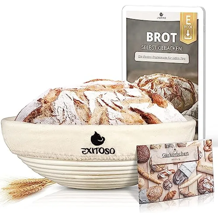 Exitoso Gärkörbchen rund 1kg aus Peddigrohr Ø25cm - Beige inkl. (E-Book Rezept, Leinentuch) - Brot backen mit Gärkörbchen Set - Gärkorb rund Banneton Brotbackzubehör Gärform - Garkörbe Brot Brotbacken