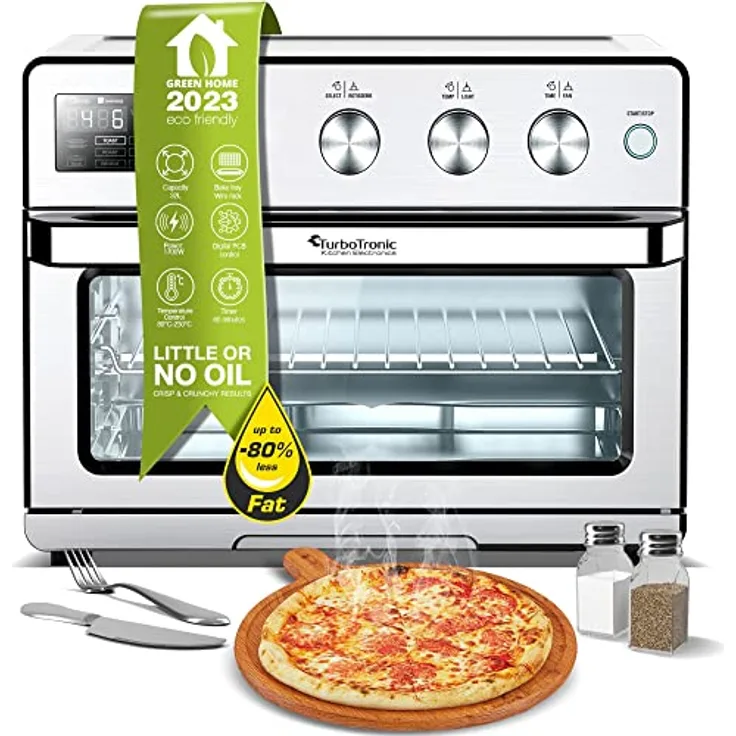 TurboTronic digitaler Heißluftofen - XXL 32 Liter mit Drehspieß für Hähnchen 5 in1 Mini Backofen, Dörrer & Power Heißluftfritteuse Airfryer ab 25°C