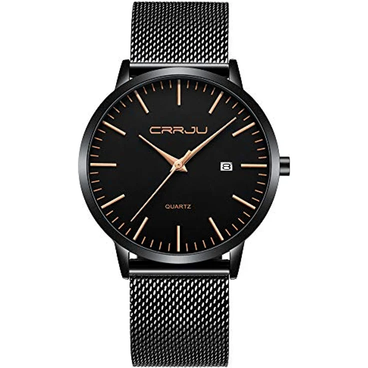 CRRJU Ultra Dünne Herren Armbanduhr, Wasserdicht mit Schwarz Edelstahlband und Roségoldenen Akzenten, Analog Quarz Business Uhr – Bild 1