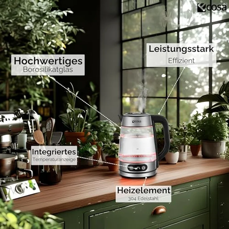 Ecosa® Glas Wasserkocher mit Temperatureinstellung, 1,8 Liter, 2.200 Watt, Edelstahl, LED-Beleuchtung, Warmhaltefunktion, Memory-Funktion, 100% BPA-frei – Bild 5