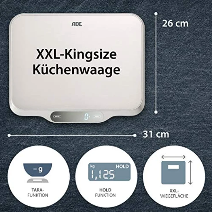 ADE Digitale Küchenwaage KE 1601 Ladina. Elektronische Waage mit XXL Wiegefläche aus Edelstahl für präzises Wiegen bis 15 kg. Mit Zuwiegefunktion (Tara), Auto-Hold. Inkl. Batterie. Silber – Bild 3