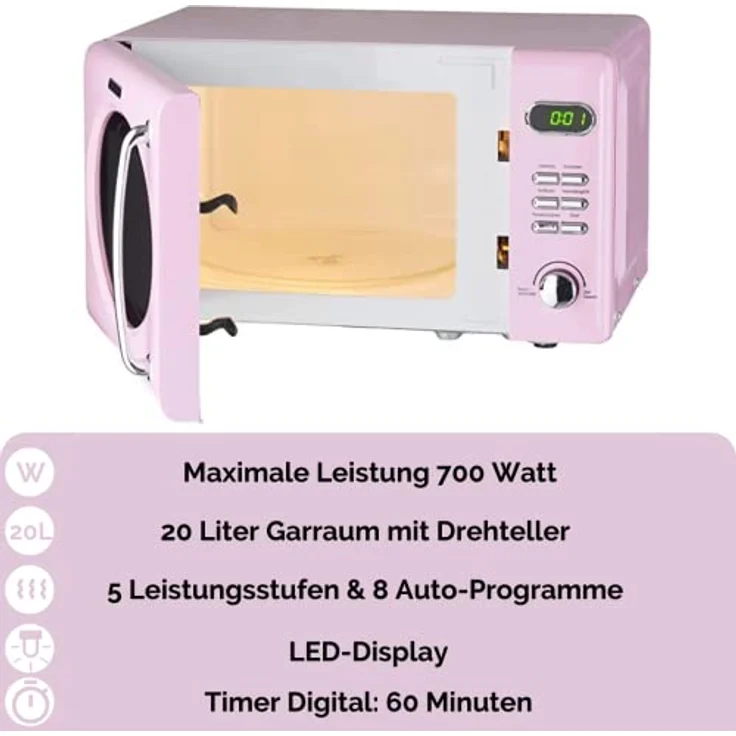 Wolkenstein WMW720 SP Mikrowelle, Standgerät, 700 Watt, 20 Liter Garraum, Nostalgie pink RETRO – Bild 2