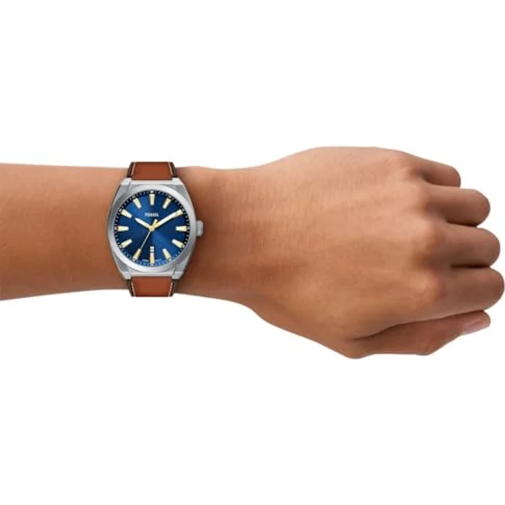 FOSSIL Herren Analog Quarz Uhr FS6115, 42 mm, braunes Lederarmband, blaues Sunray-Zifferblatt, 50 m wasserdicht – Bild 2