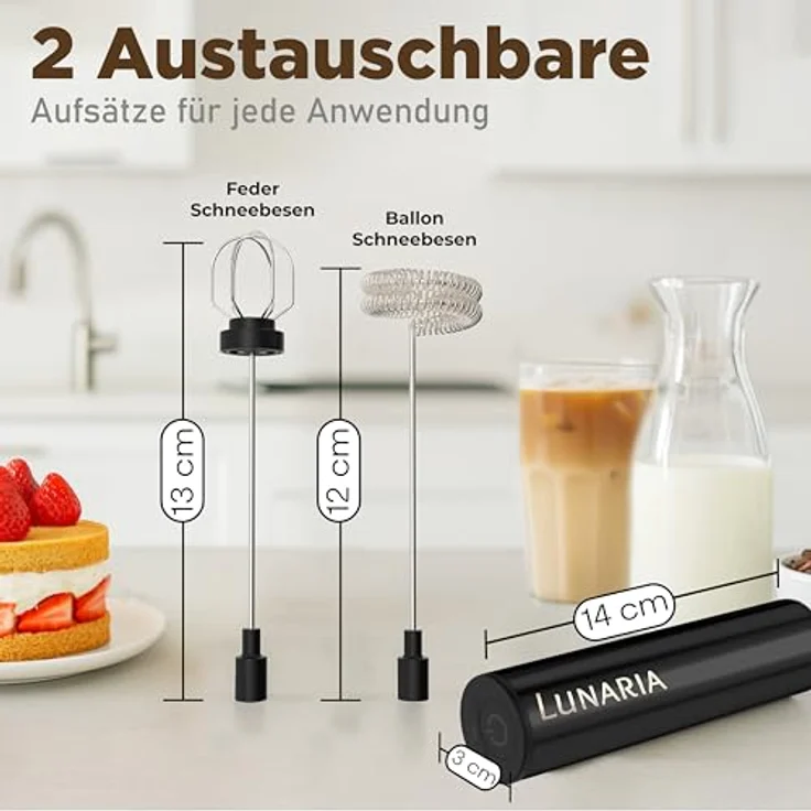 LUNARIA Milchaufschäumer kabellos, Edelstahl, schwarz/silber, 8 W, für Cappuccino & Latte Macchiato, USB aufladbar, 2 Aufsätze – Bild 5