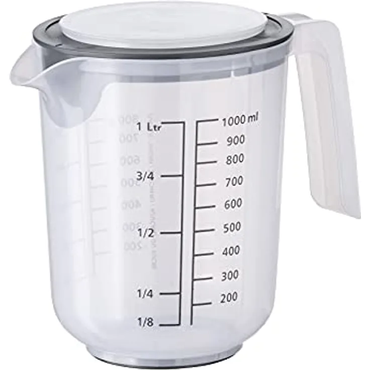APS Rührbecher mit Deckel - Messbecher mit Maßskalen für Flüssigkeiten (l/ml), Zucker (g) und Mehl (g) / Volumen 1 Liter/Ø 12,5 cm/Höhe 16 cm/spülmaschinengeeignet