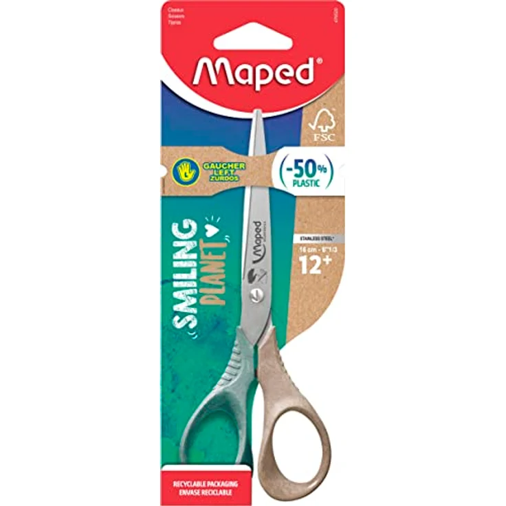 Maped - die nachhaltige Schere SMILING PLANET SHAPE 16 cm für Linkshänder - reflex 3D Griffe aus Holzfaserverbund-Kunststoff aus FSC zertifiziertem Material - ergonomische 3D Griffe – Bild 1