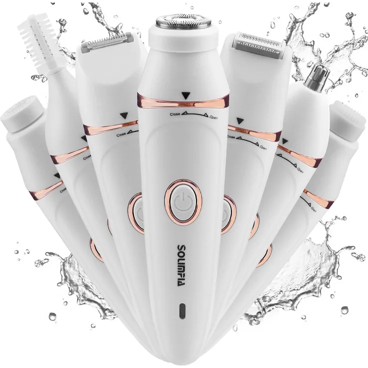 Hatteker SOLIMPIA HT-518 Damenrasierer 7-in-1, elektrischer Haarentferner für Körper & Gesicht, IPX5 wasserdicht, USB-Ladung, LED-Display, weiß