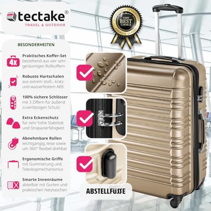 tectake 4 tlg Reisekoffer Set, Hartschalenkoffer Set, Trolley Kofferset, ABS Hartschalen Reisekofferset, Reisetasche, Trolley, Gepäck, Koffer Set, 4 Rollen, 360 Grad drehbar, Teleskopgriff - champagne – Bild 2
