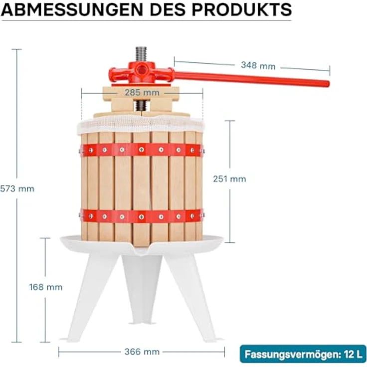 Wiltec Set 12L Obstpresse aus Buchenholz mit 7L Trichter, Presstuch und Obstmühle zur Saft- und Weinherstellung – Bild 8